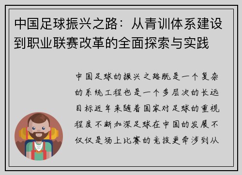 中国足球振兴之路：从青训体系建设到职业联赛改革的全面探索与实践